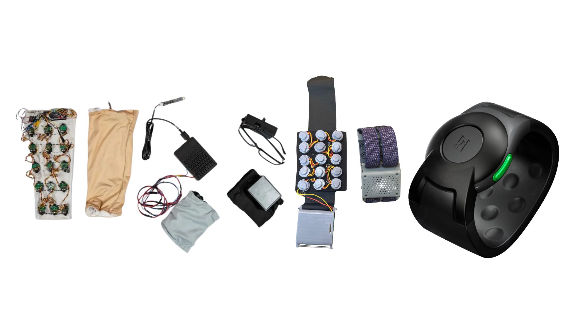 Six generations of the HapWare wearable, from a wired forearm sleeve with exposed vibration motors to the finished ALEYE wristband